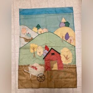 Harvest Yard Flag. Barn With Pumpkins In Wheelbarrow 28”x40” Waterproof